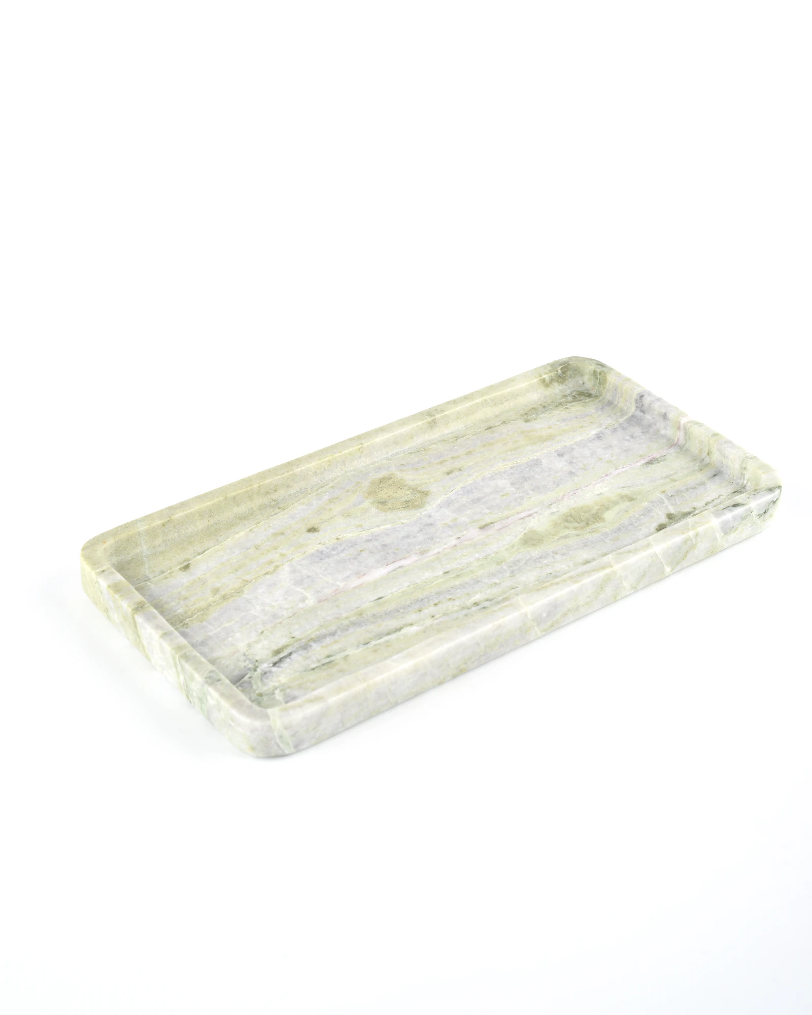 Side view of the Rectangular Green Forest Marble Tray with a smooth, polished edge and vibrant green and white veining on a white background.