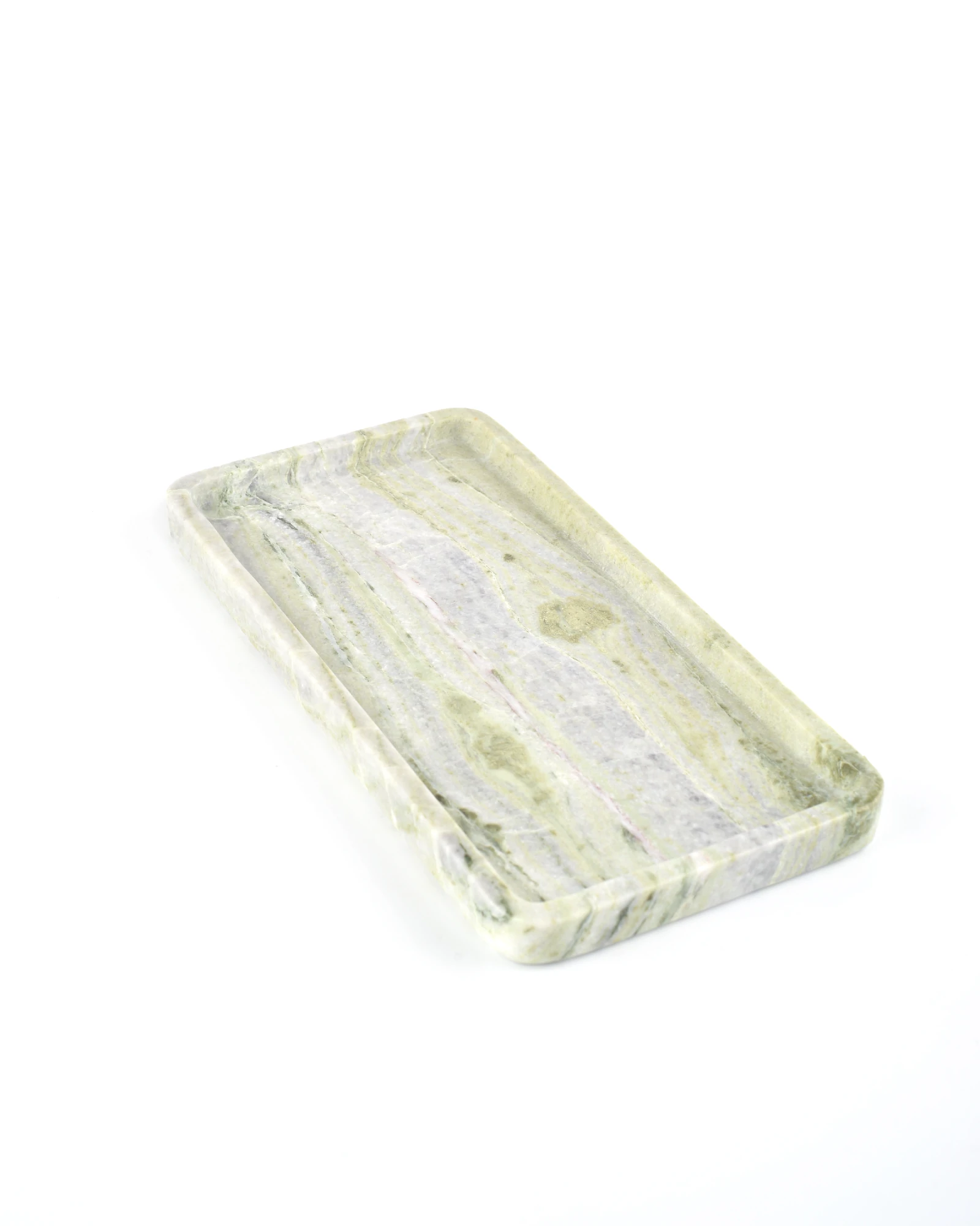Close-up of the edges of the Rectangular Green Forest Marble Tray, showing the sleek polished finish and intricate green and white marble patterns.