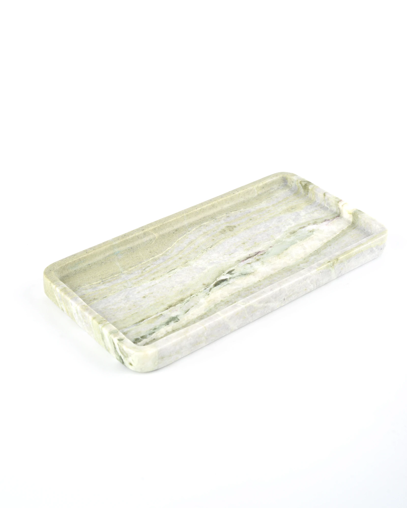 Side view of the Rectangular Green Forest Marble Tray with a smooth, polished edge and vibrant green and white veining on a white background.