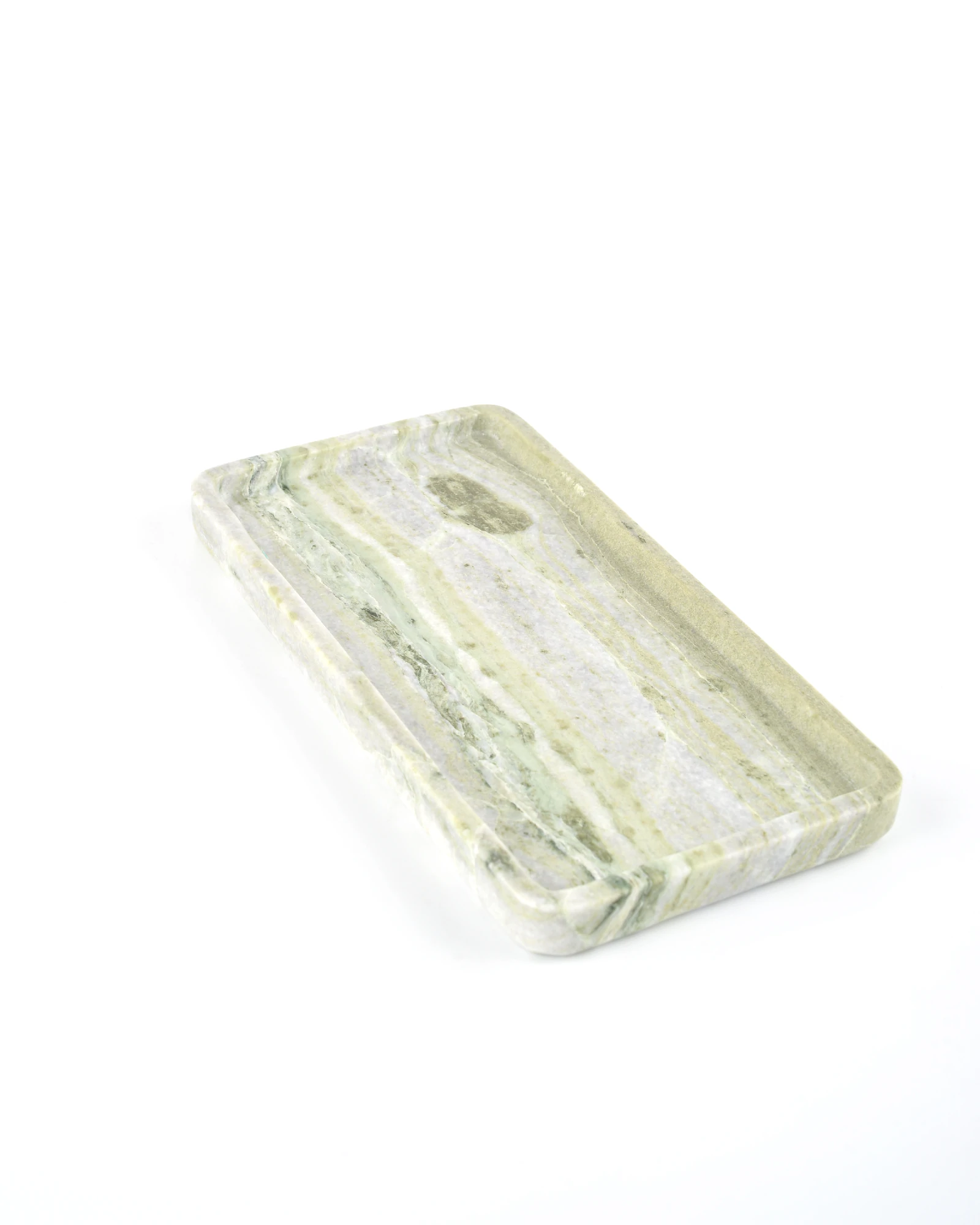 Close-up of the edges of the Rectangular Green Forest Marble Tray, showing the sleek polished finish and intricate green and white marble patterns.