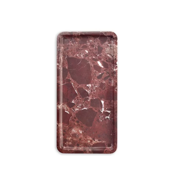 Handmade rectangular tray crafted from burgundy marble, featuring a rich red tone with natural white veining, ideal for serving or decorating.