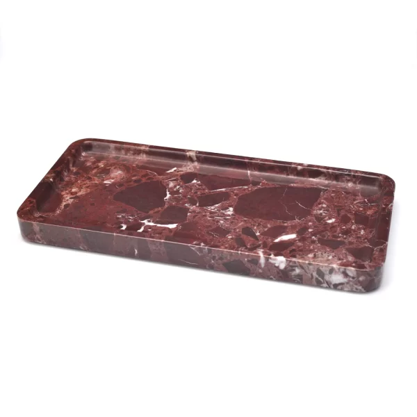 Rectangular burgundy marble tray with white veining, perfect for home decor