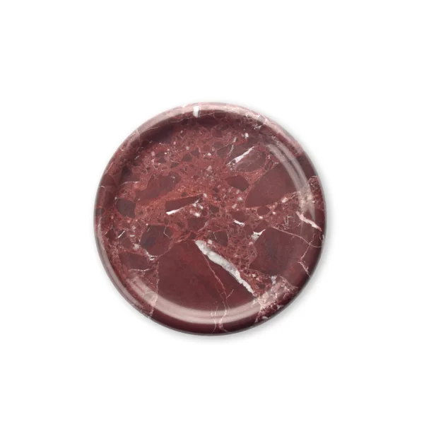 Round burgundy marble tray with beautiful natural red veining and white streaks, polished to a smooth finish.