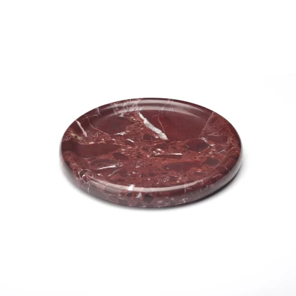 Round burgundy marble tray with beautiful natural red patches and white veining, polished to a smooth finish.