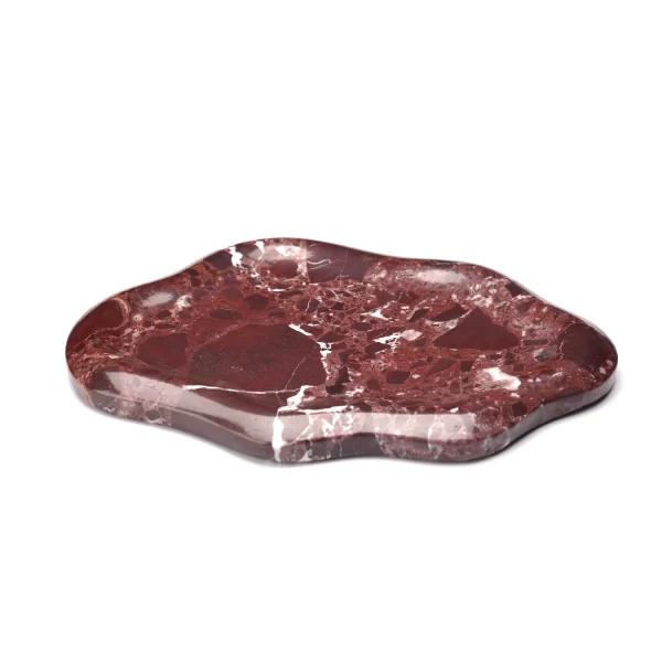 Side view of the Cloud Irregular Burgundy Marble Tray, showcasing the elegant curved edges and the natural red and white veining of the marble.