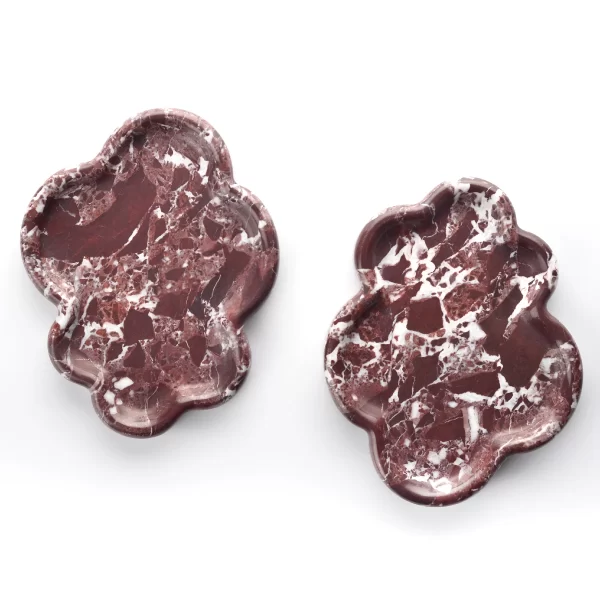 Two Small Cloud Irregular Burgundy Marble Trays placed side by side on a white background, showcasing their elegant curved edges and unique red and white veining.