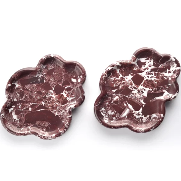 Pair of Small Cloud Irregular Burgundy Marble Trays side by side, with curved edges and stunning red and white marble texture, displayed on a white background.