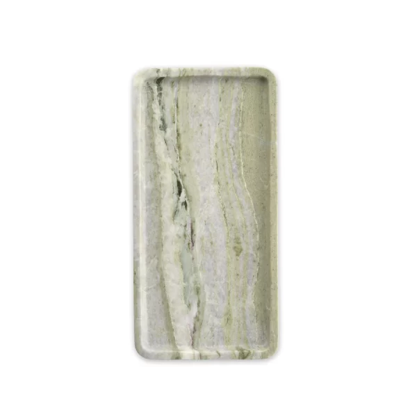 The Rectangular Green Forest Marble Tray features beautiful natural green and white veining, with a smooth polished surface that resembles a green matcha cake pattern.