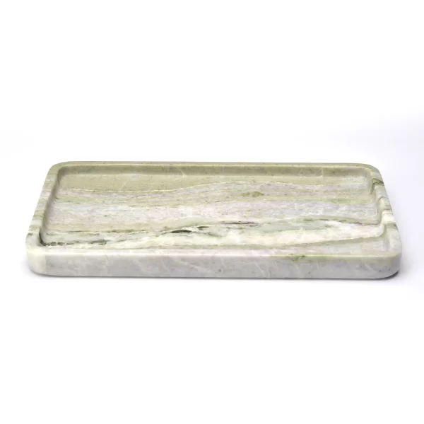 Side profile of the Rectangular Green Forest Marble Tray, showcasing the elegant smooth edges and the beautiful green and white veining of the marble.