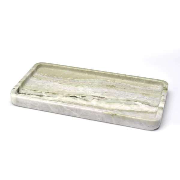 Close-up of the edges of the Rectangular Green Forest Marble Tray, showing the sleek polished finish and intricate green and white marble patterns.