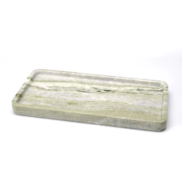 Side view of the Rectangular Green Forest Marble Tray with a smooth, polished edge and vibrant green and white veining on a white background.