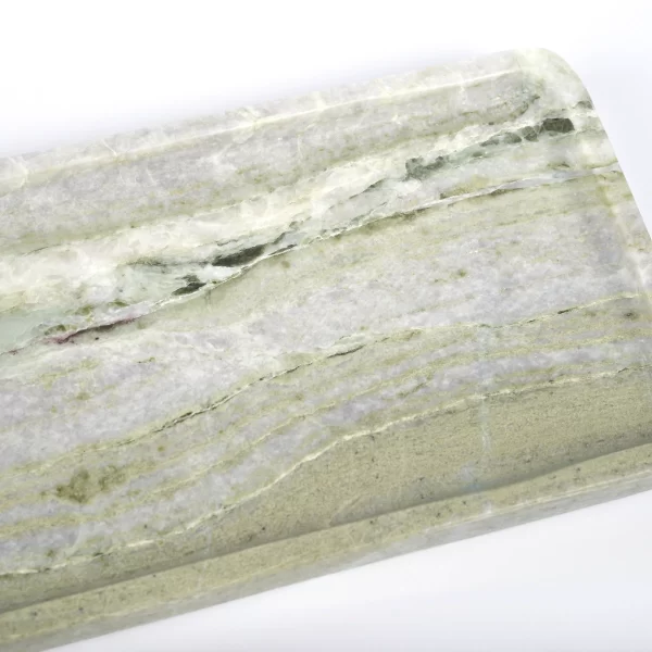 Close-up view of the Rectangular Green Forest Marble Tray, showcasing the intricate green and white veining and smooth, polished surface.