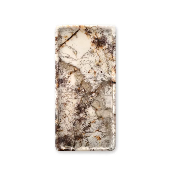 The Rectangular Patagonia Blanc Tray features beautiful natural brown and beige veining with prominent crystalline formations, finished with a glossy glaze that enhances its visual appeal.