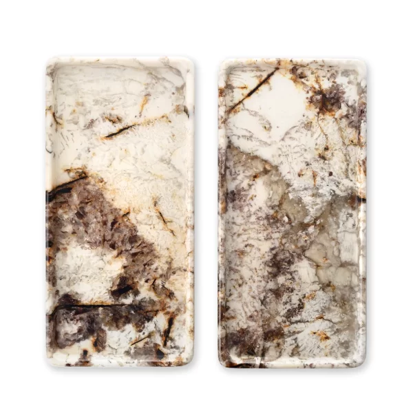 Two Rectangular Patagonia Blanc Trays side by side, showcasing their natural brown and beige veining, crystalline formations, and glossy glaze finish.