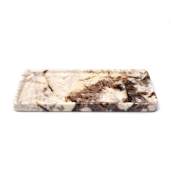 Close-up of the Rectangular Patagonia Blanc Tray, emphasizing its beautiful natural brown and beige veining, crystalline details, and glossy, smooth surface.