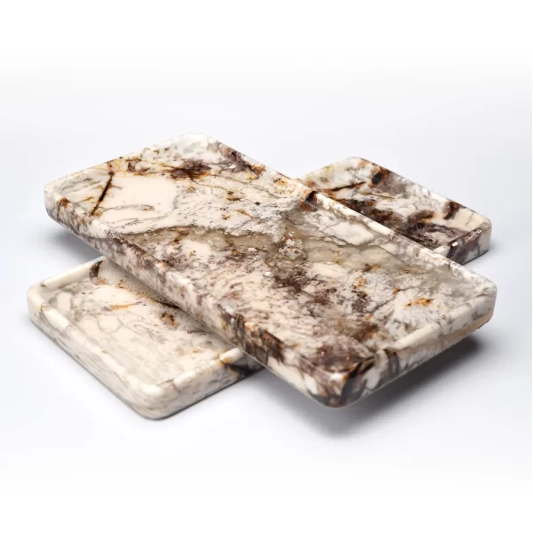 Two Rectangular Patagonia Blanc Trays stacked together, highlighting their natural brown and beige veining, crystalline patterns, and glossy glaze finish.