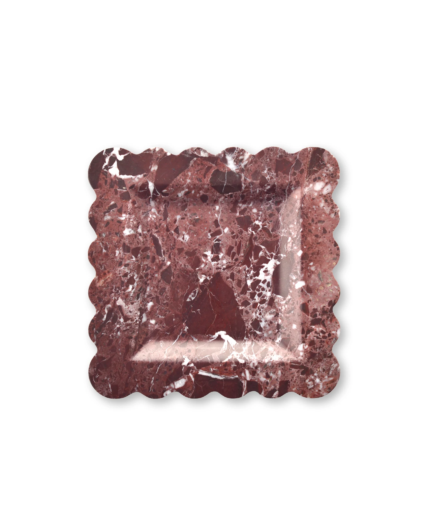 Smoothly polished small scalloped edge square burgundy marble tray placed on a white background, featuring red and white veining, with a reflective surface that looks very smooth. The edges are adorned with regular fan-shaped waves, creating an elegant and beautiful design.