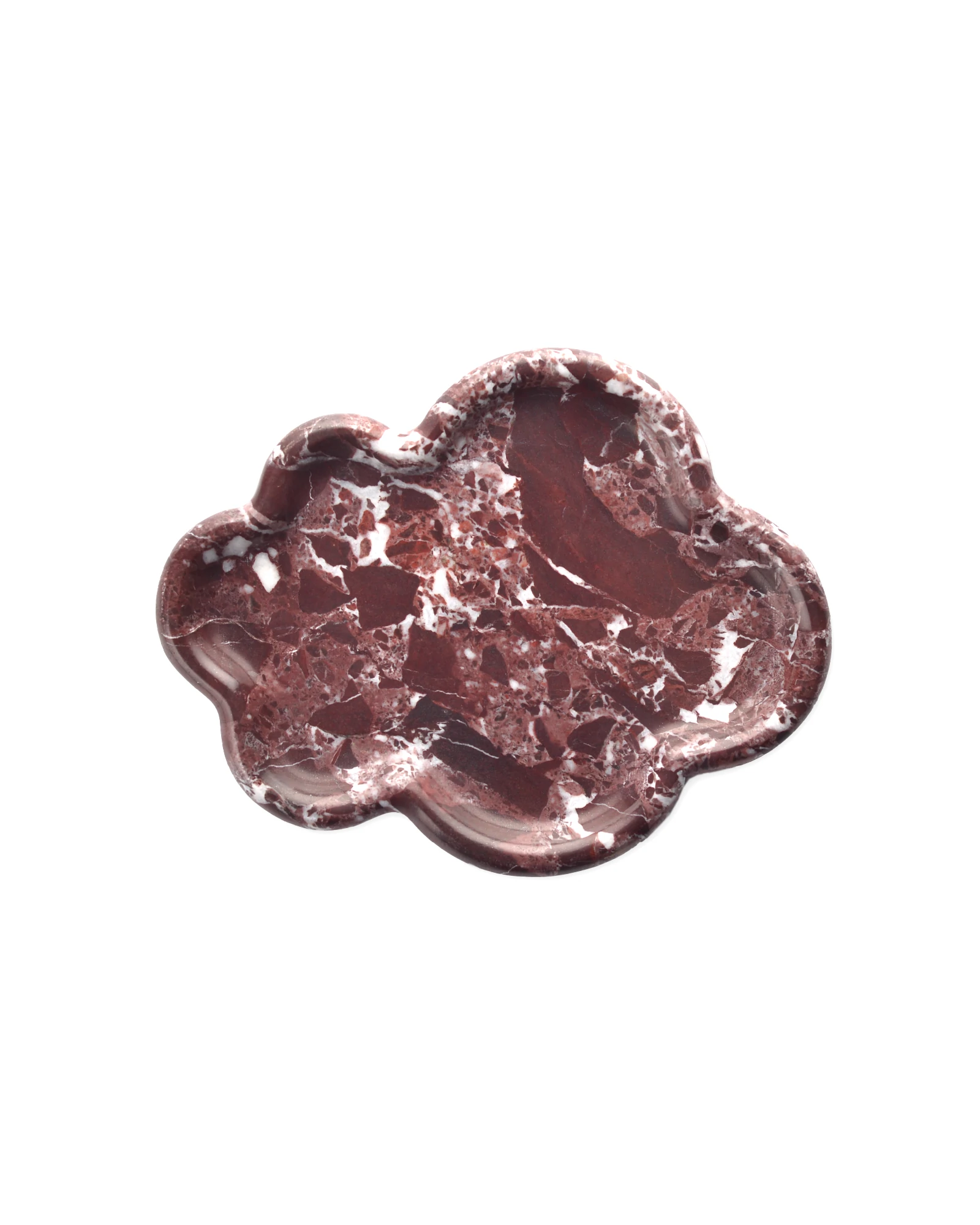 Polished The Cloud Irregular Burgundy Marble Tray with red and white veining, featuring elegant scalloped edges, placed on a white background
