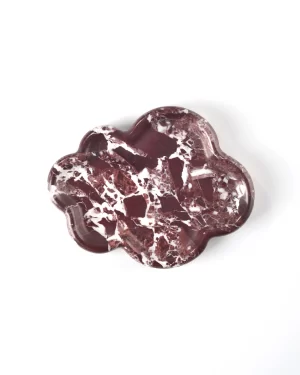 The Cloud Irregular Burgundy Marble Tray with curved edges, smooth polished finish, and natural red and white stone veining
