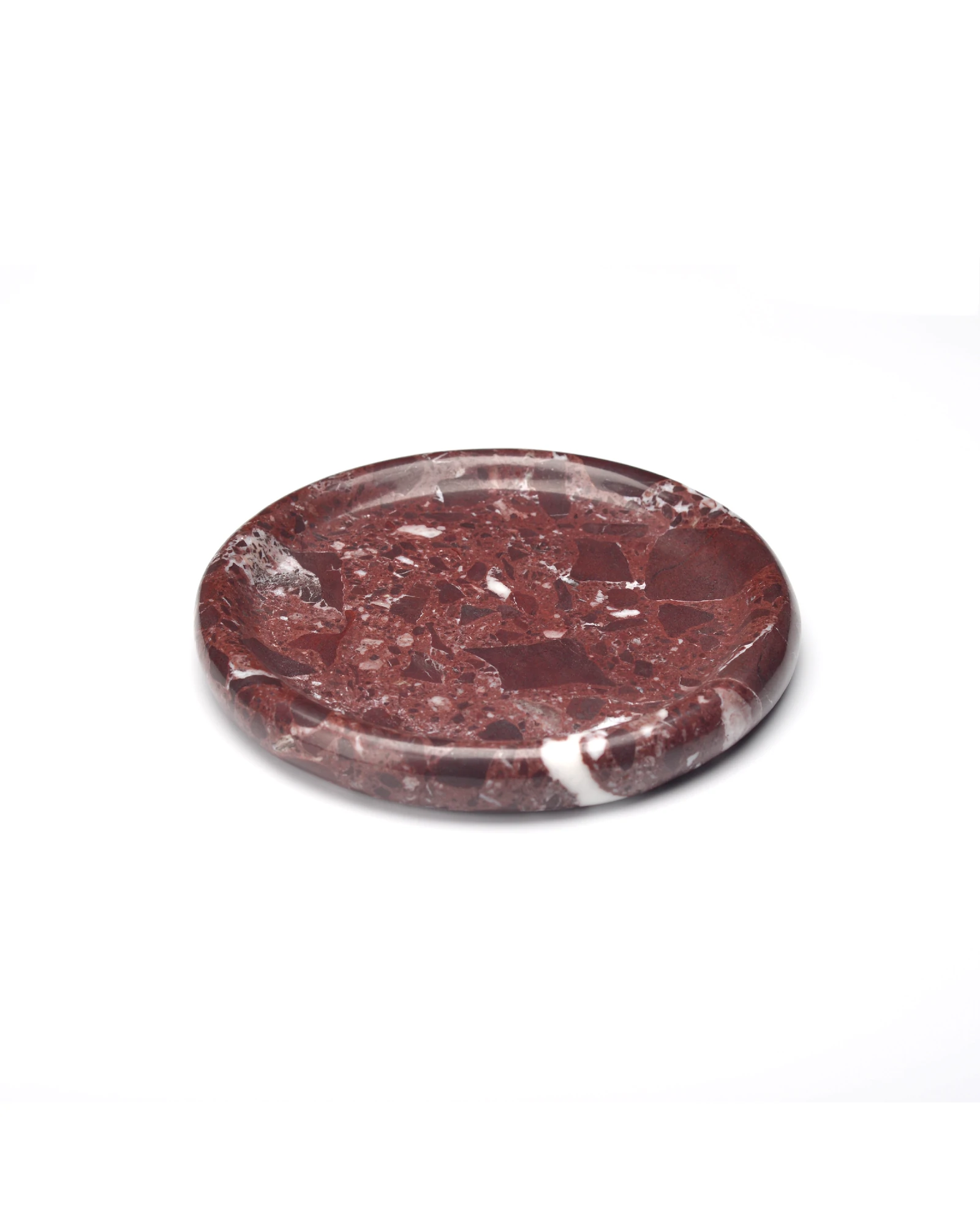 Polished Round Burgundy Marble Tray with natural red patterns and soft white veining