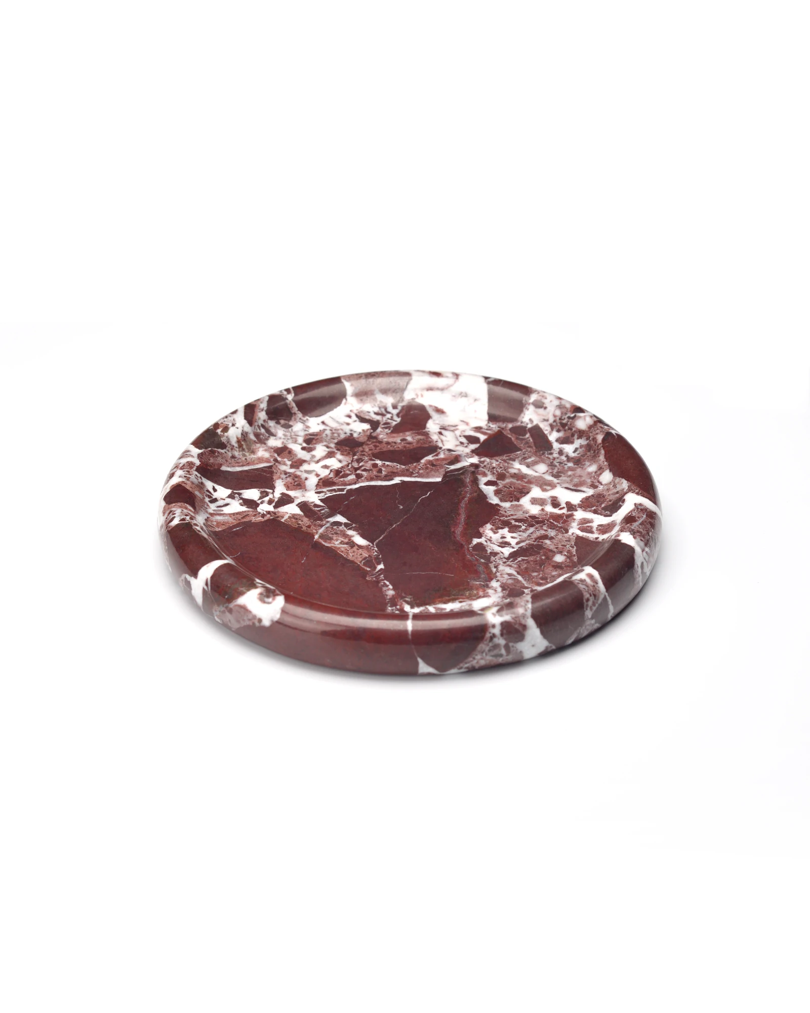 Smooth polished Round Burgundy Marble Tray with rich red tones and natural white veining