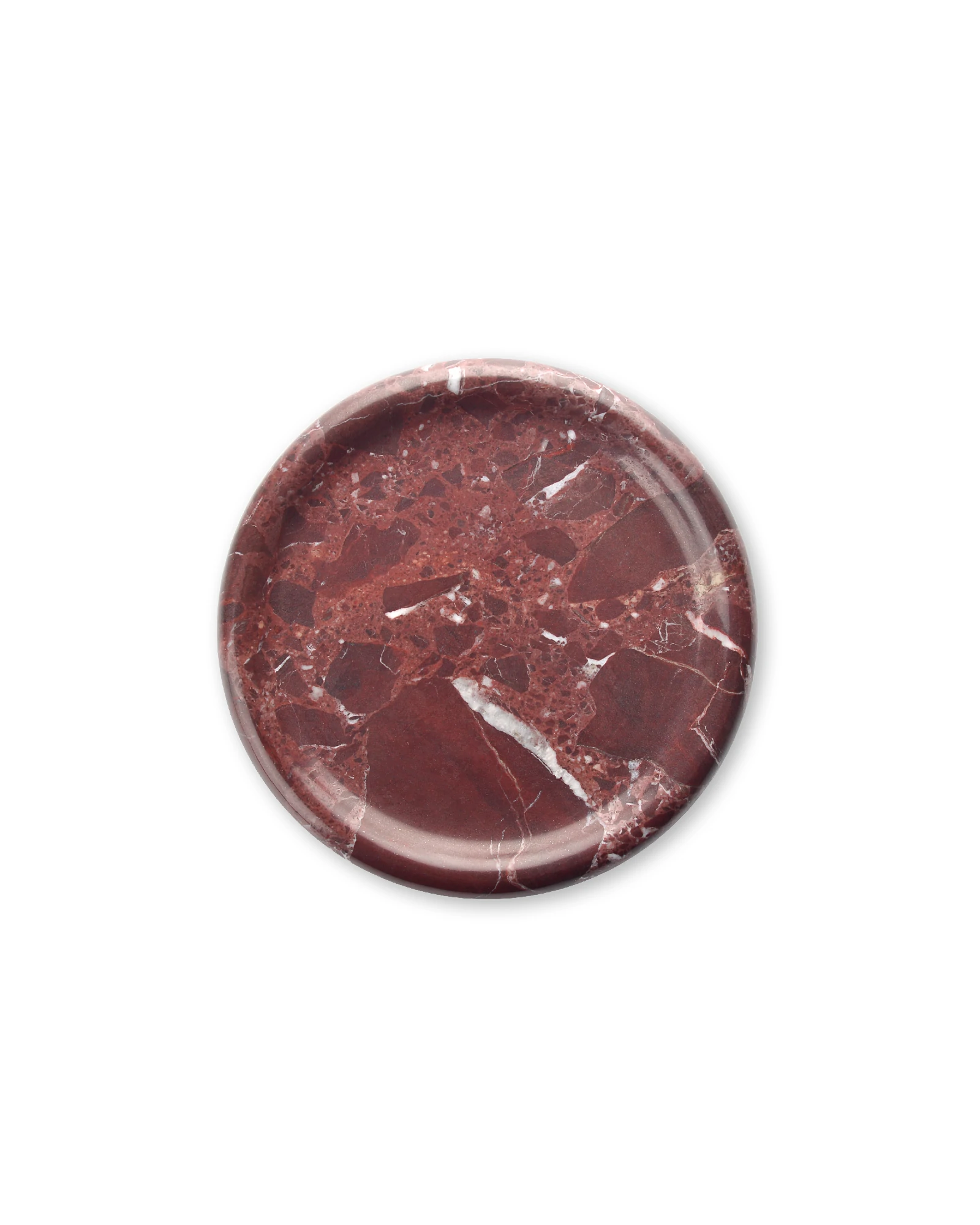 Round burgundy marble tray with natural red color blocks and white veining, featuring a smooth polished surface