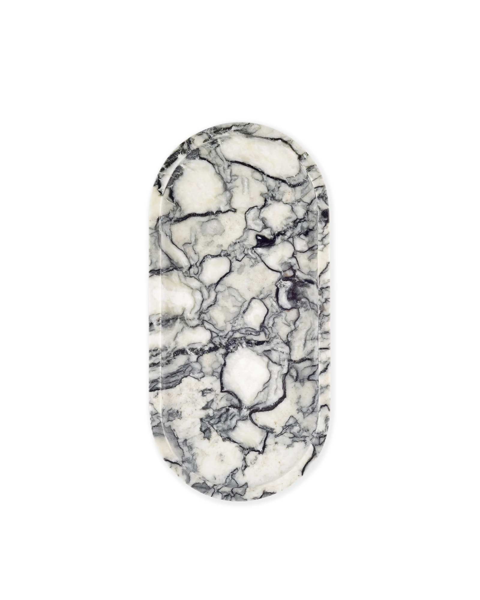 New Cold Ice Jade Marble Oval Tray with dark green and black natural veining displayed on a white background