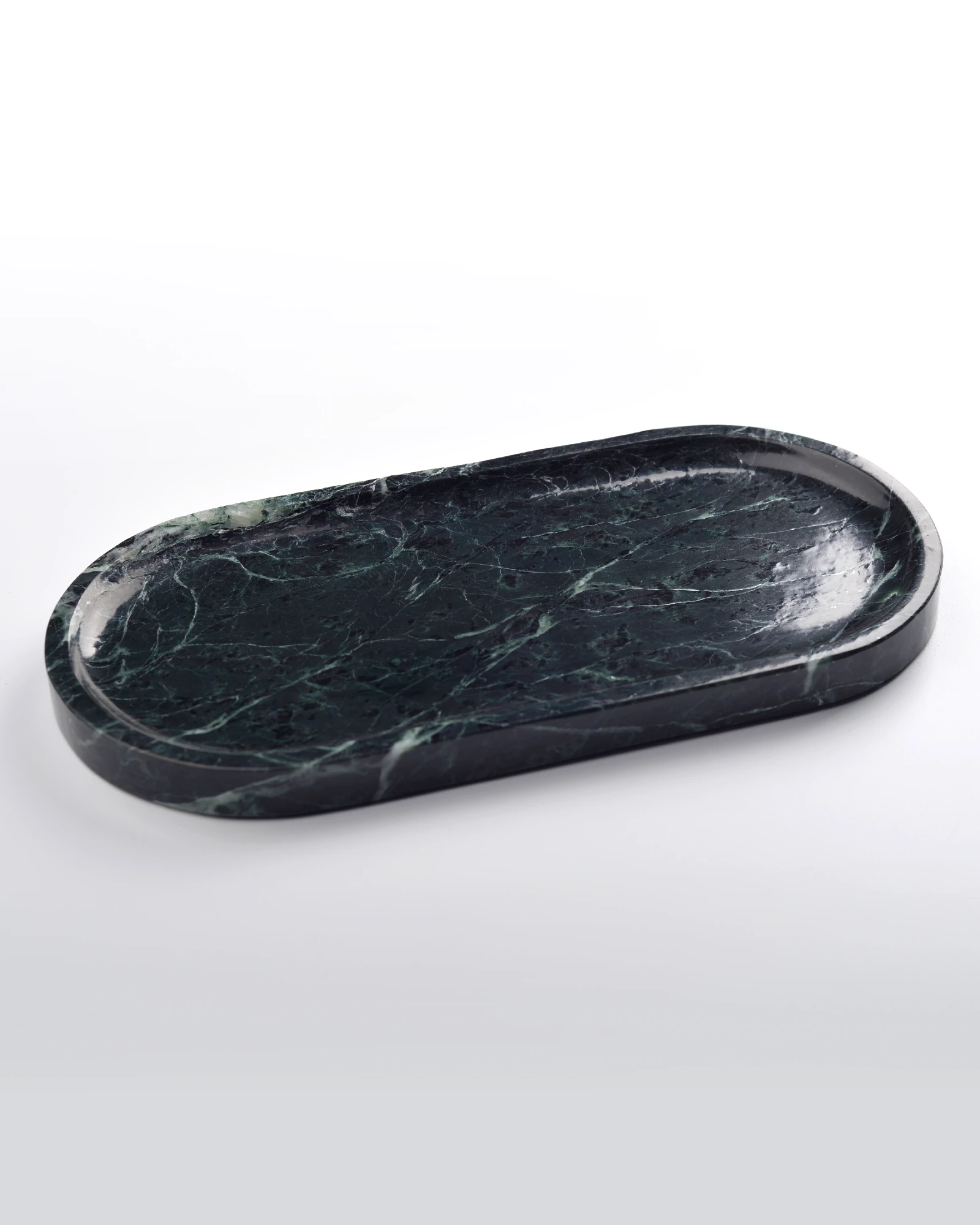Polished Oval Dark Green Marble Tray with white veins and reflective crystal elements