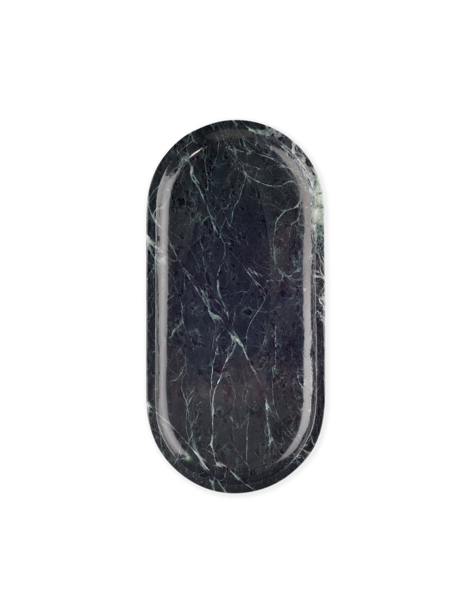 Deep green marble oval tray with white veins and crystal-like inclusions, polished to perfection