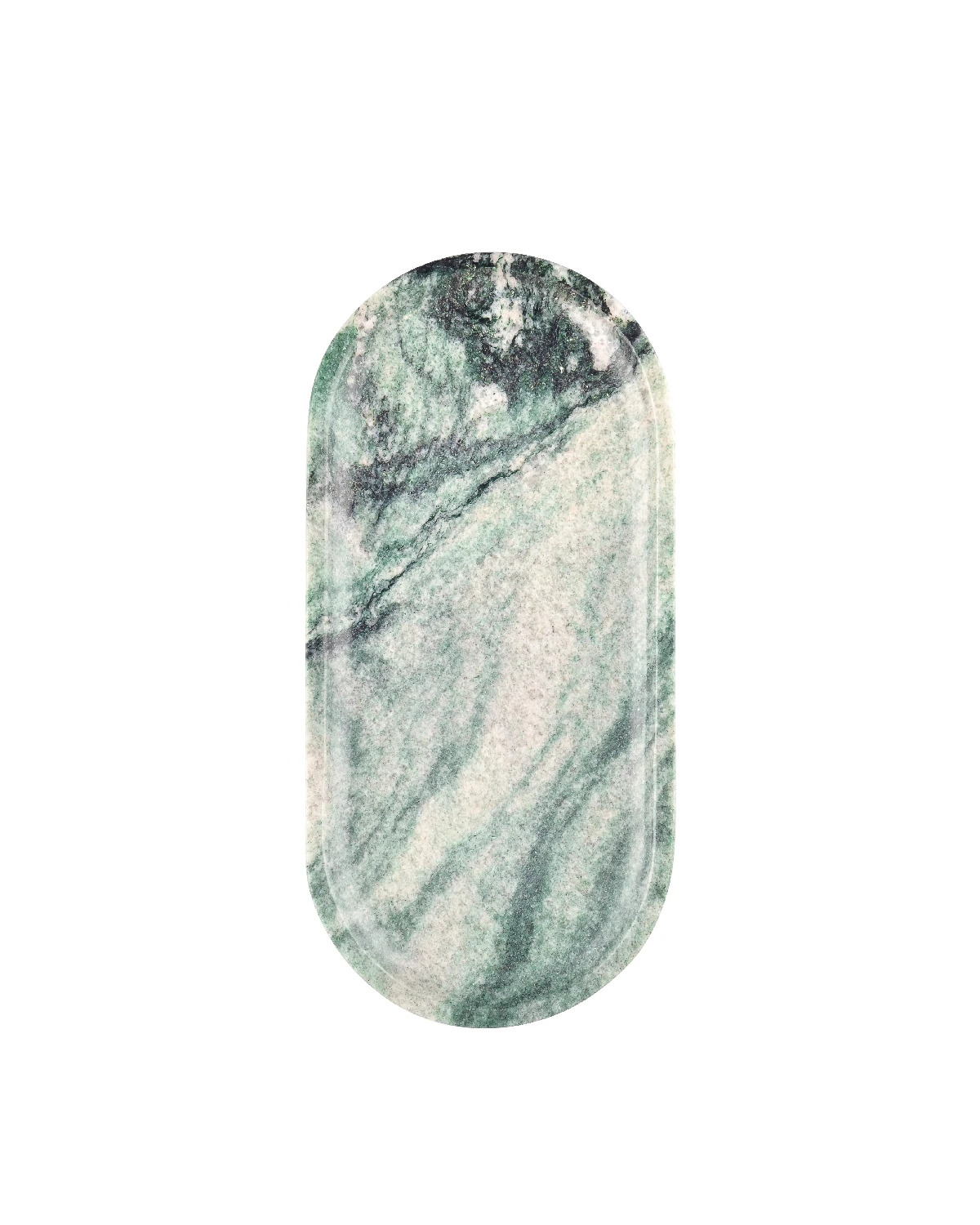 Hand-polished natural light-finish Oval Green Marble Tray with dark veins and crystal highlights