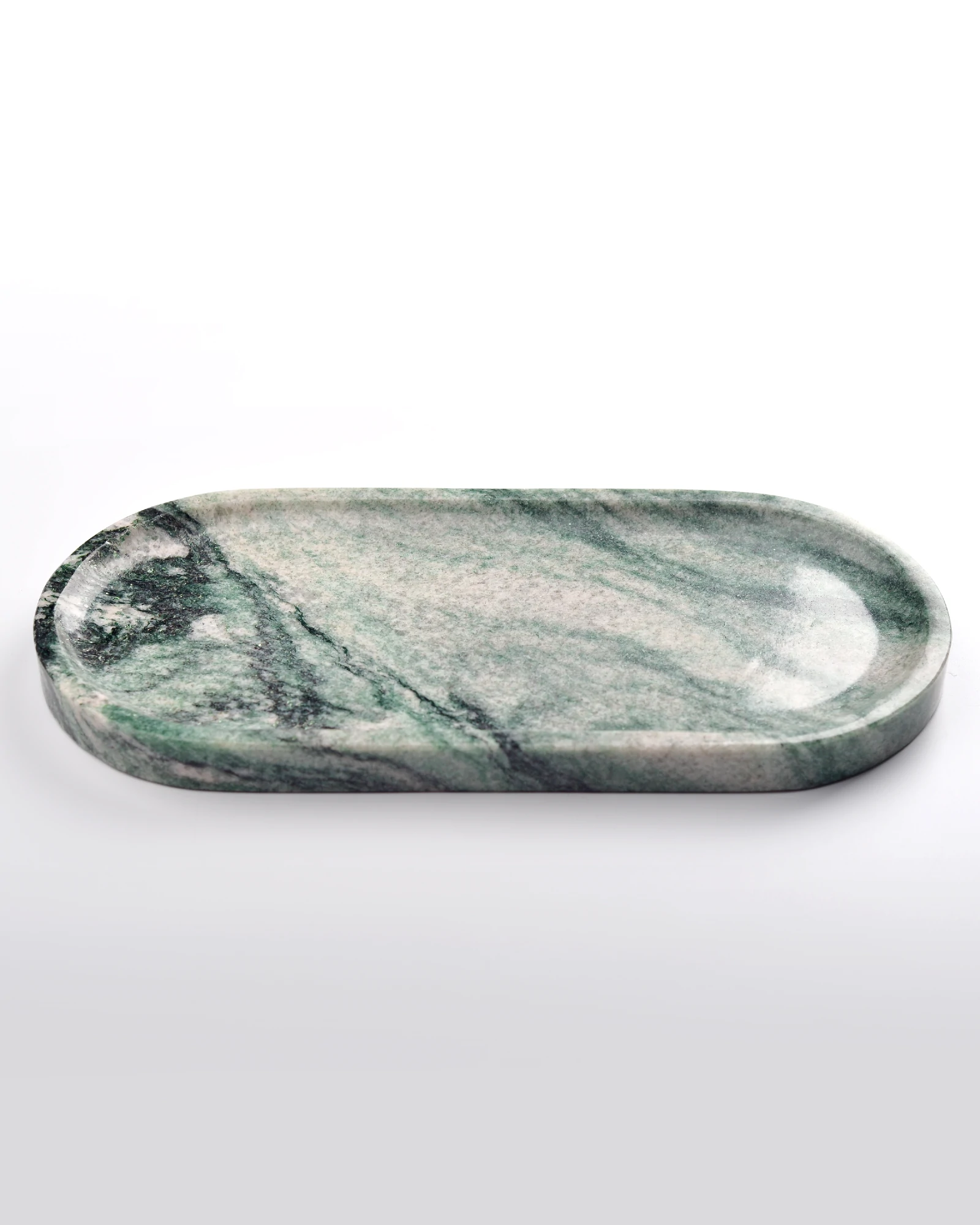 Smooth-polished Oval Green Marble Tray with crystal accents and dark veining