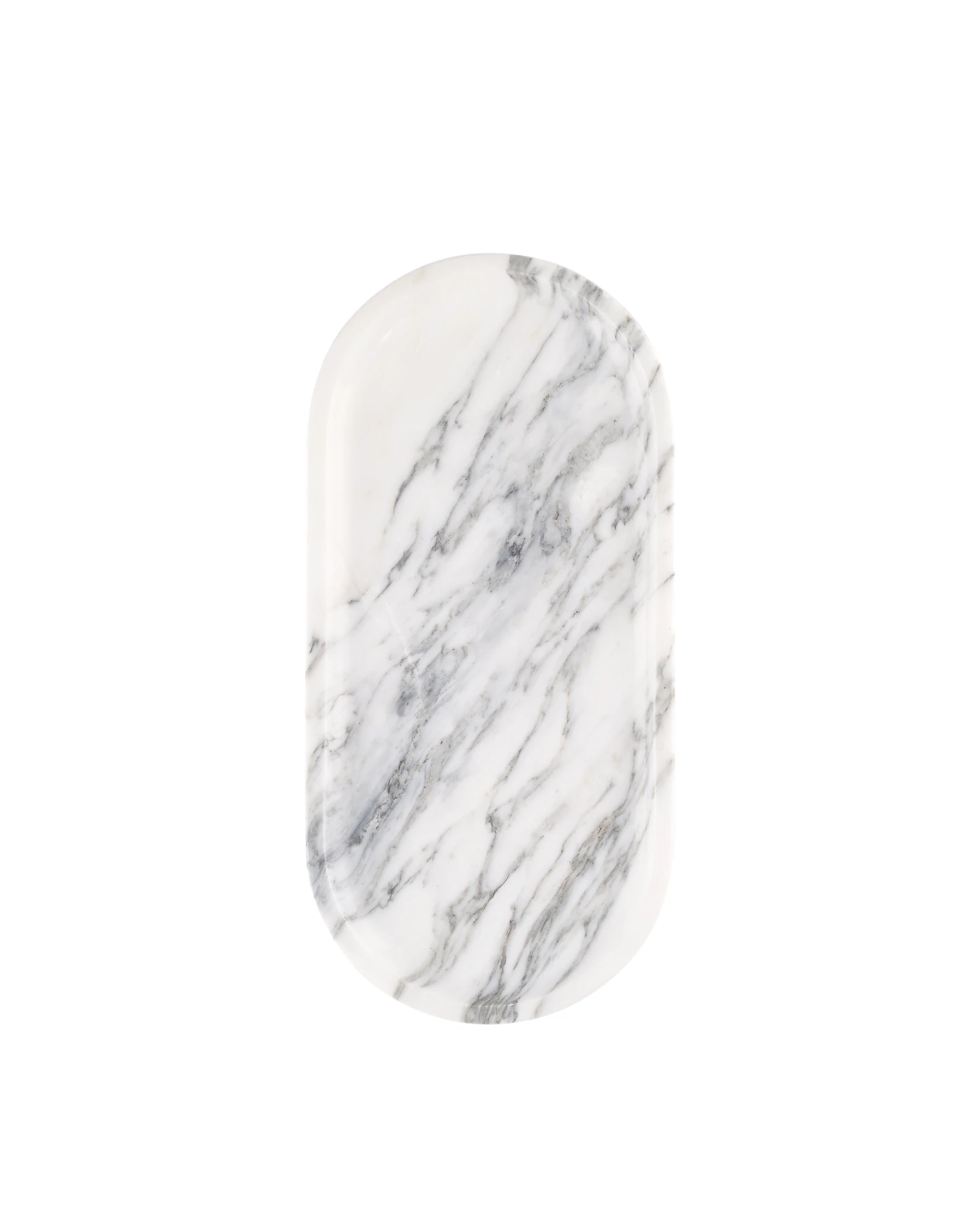 Hand-polished natural light-finish oval White with Grey Veins Marble Tray