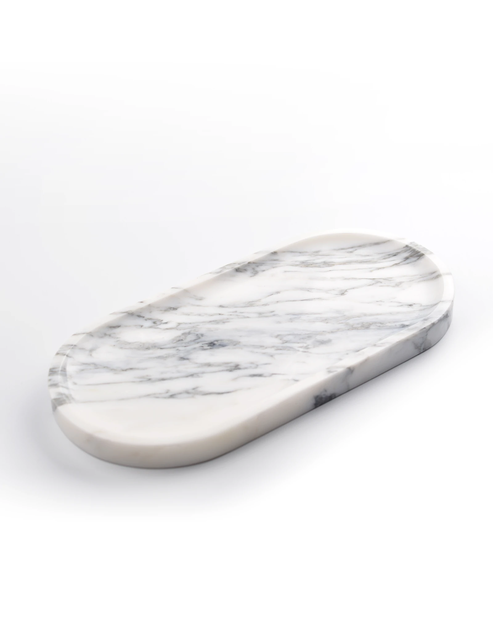 Natural oval White with Grey Veins Marble Tray, polished with light finish