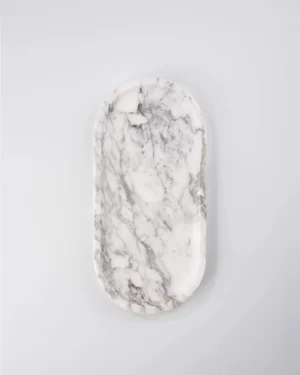 Oval White with Grey Veins Marble Tray with light-reflective polished finish