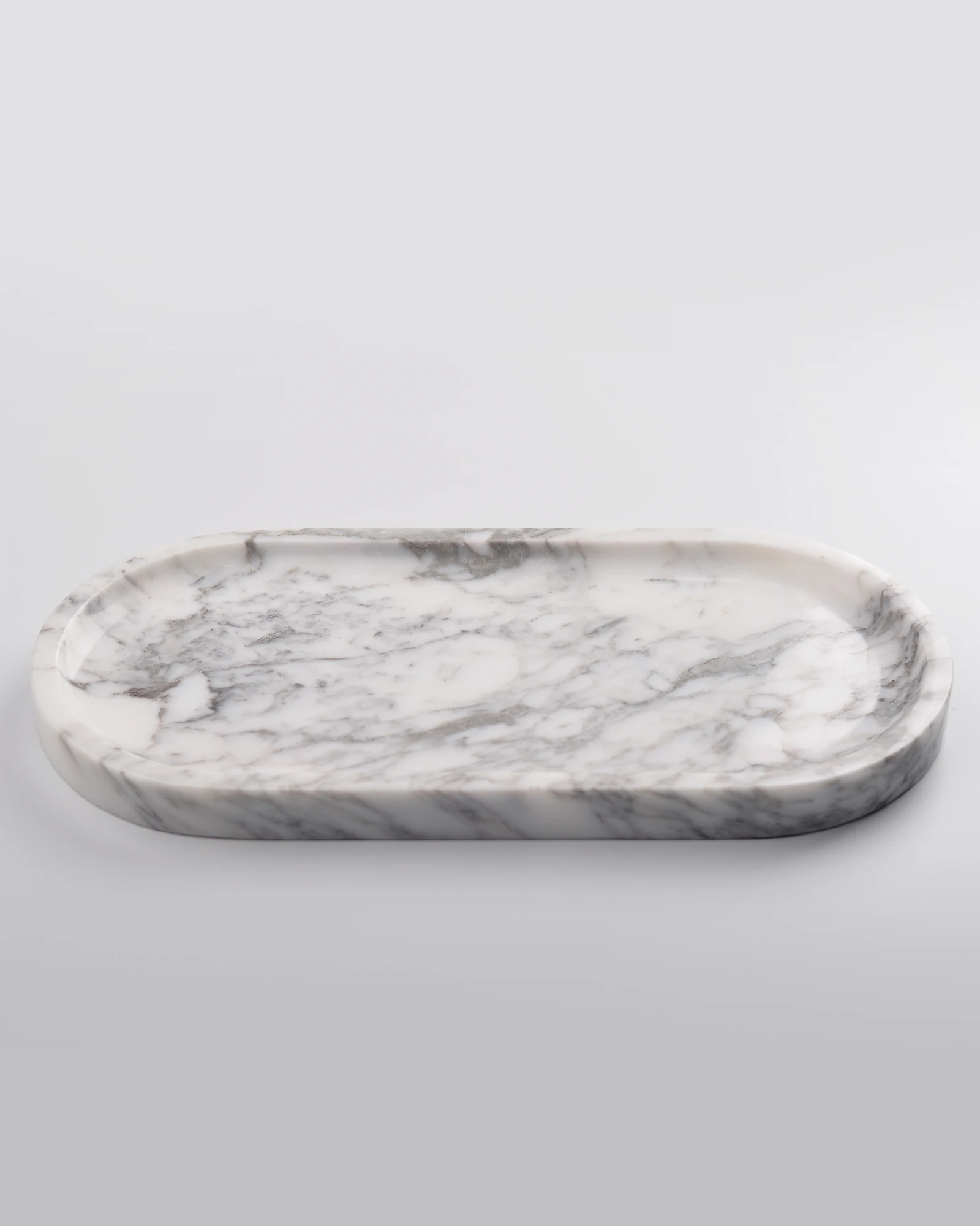 Oval White with Grey Veins Marble Tray, refined polished surface