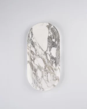 Oval White with Grey Veins Marble Tray with natural light finish and grey veins