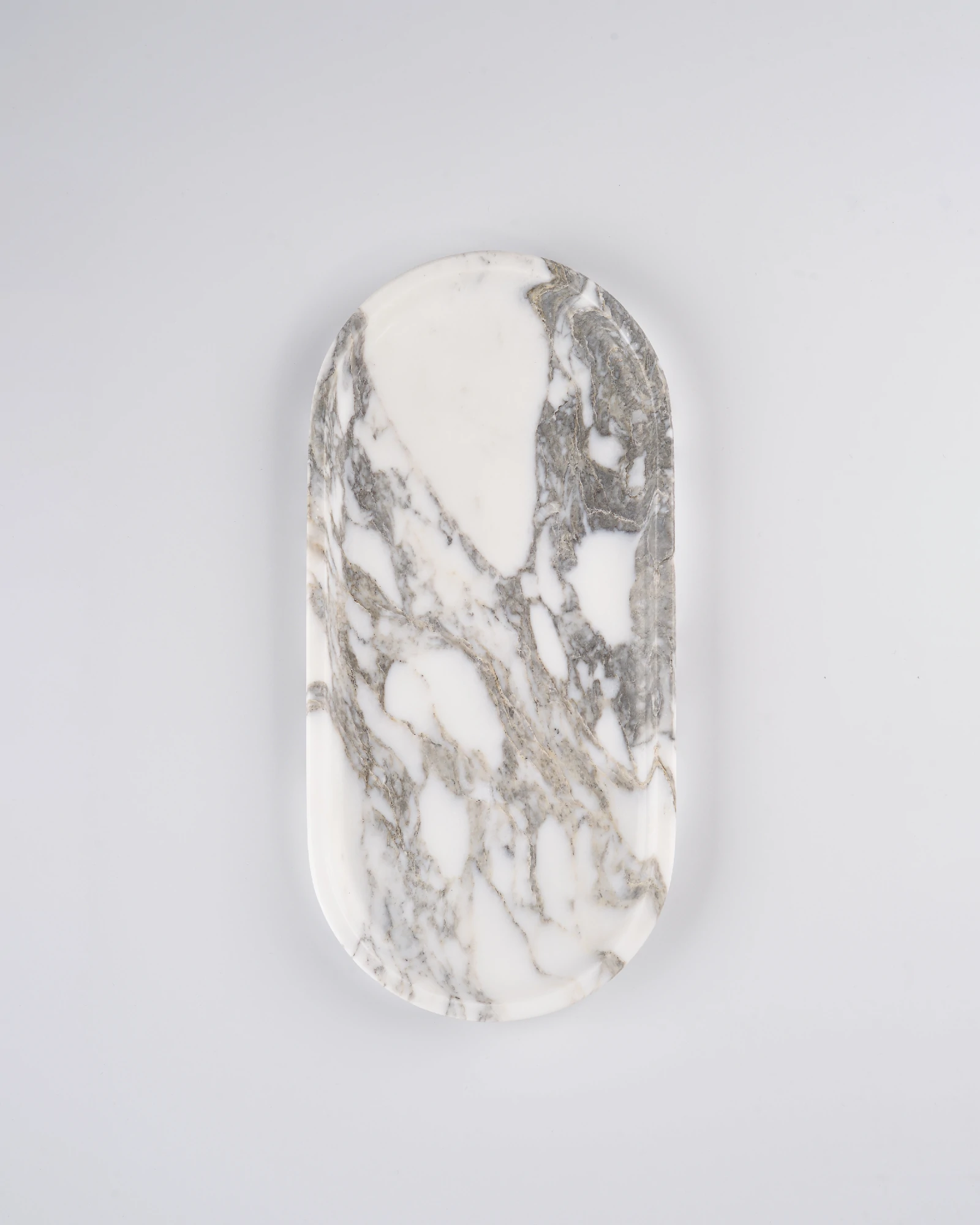 Oval White with Grey Veins Marble Tray with natural light finish and grey veins