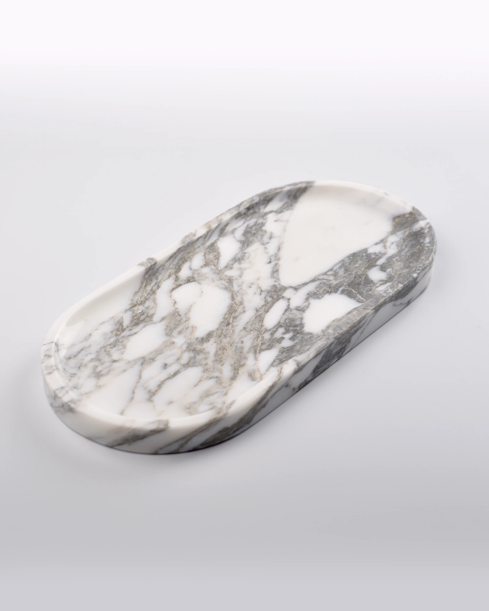Oval White with Grey Veins Marble Tray with smooth polished surface