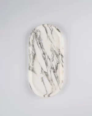 Natural oval White with Grey Veins Marble Tray, polished with light finish