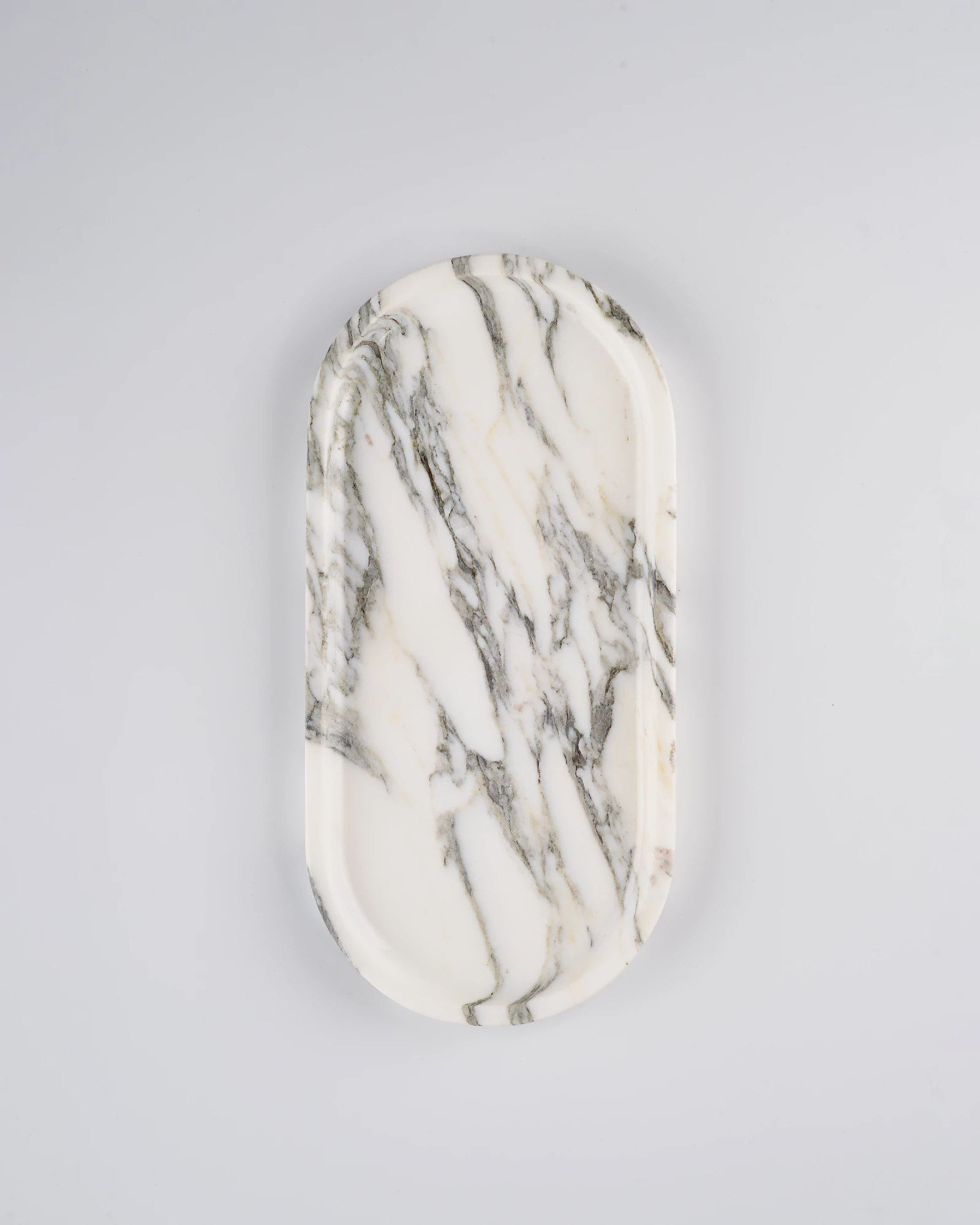 Natural oval White with Grey Veins Marble Tray, polished with light finish