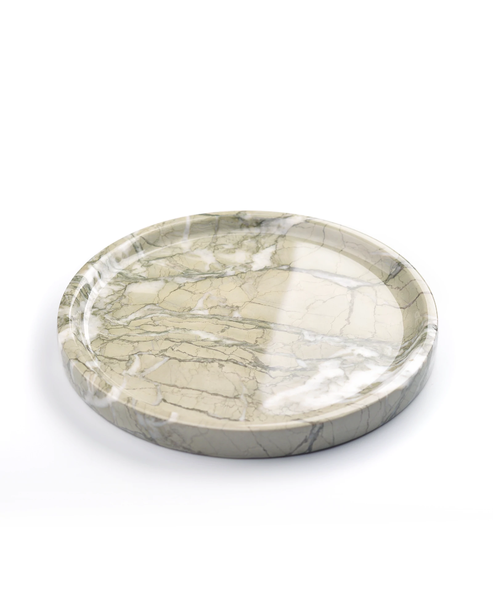 Light green marble tray with a glossy resin glaze finish, round shape