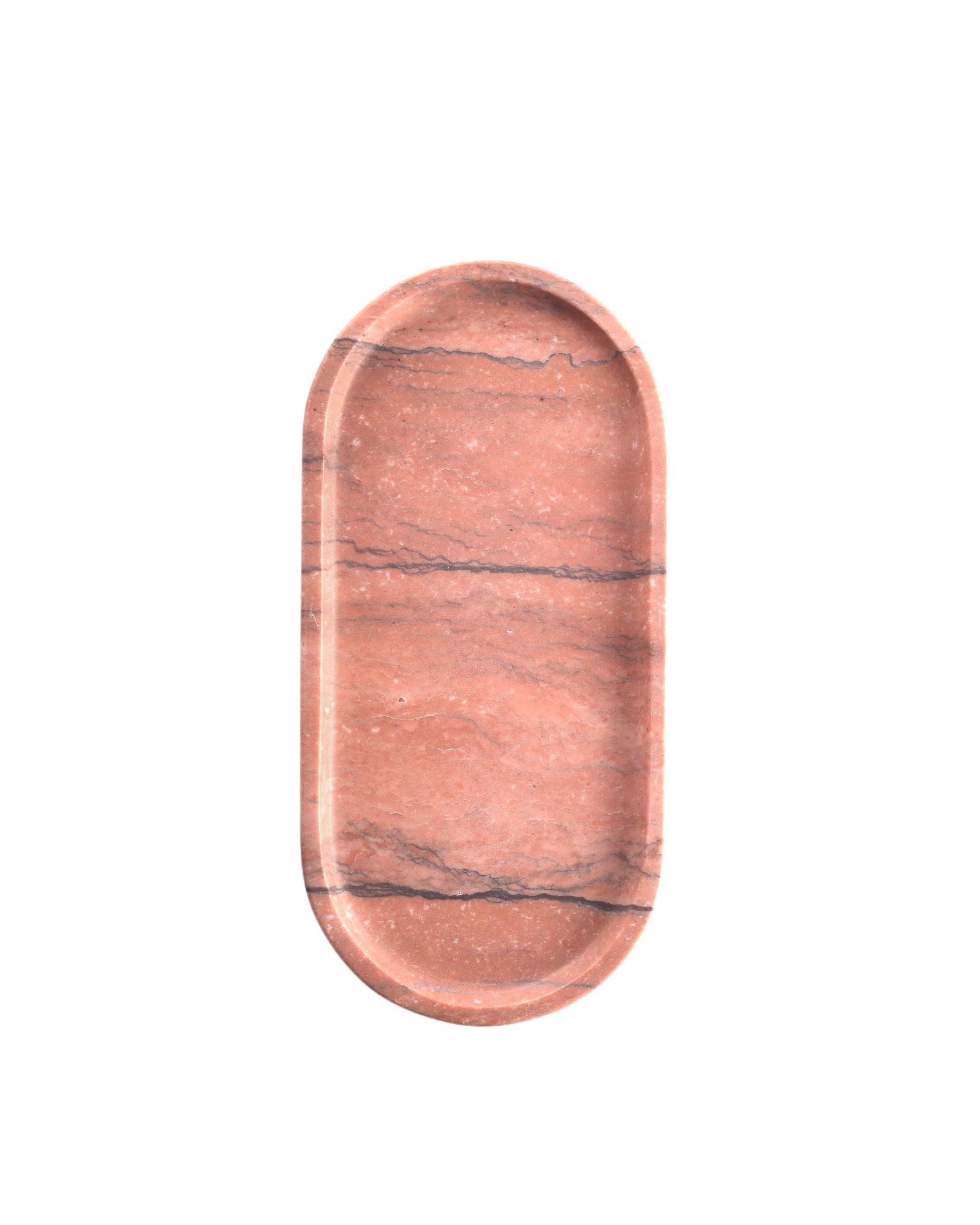 Oval Coral Red Marble Tray with earthy tones and horizontal brown-black veining, displayed on a white background