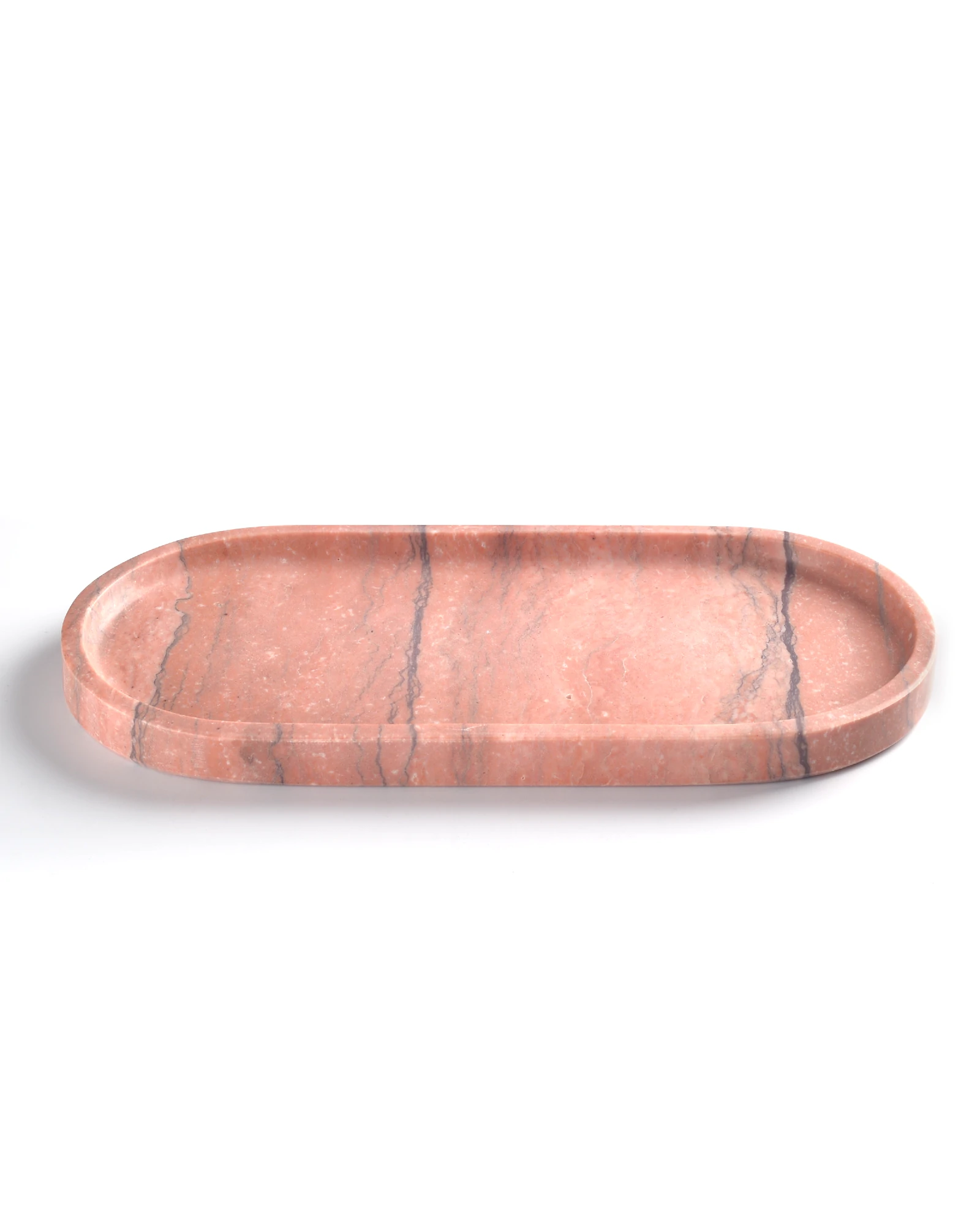 Earth-toned Oval Coral Red Marble Tray with horizontal brown-black veining, perfect for any home style