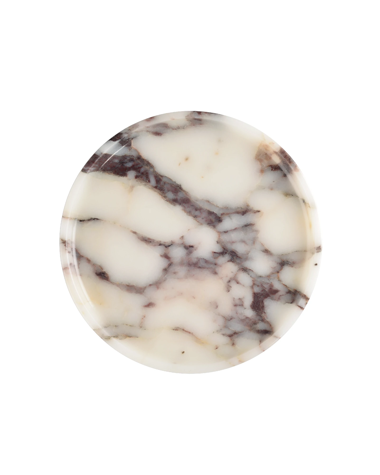 Polished round Calacatta marble tray with natural light finish, 22cm diameter