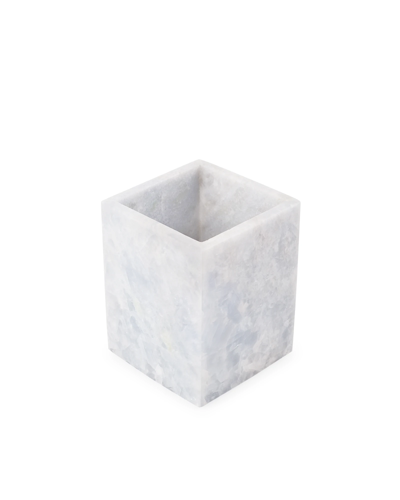 Blueish Crystal Marble Candle Holder in minimalist cuboid shape, displayed at a 45-degree angle on a white background