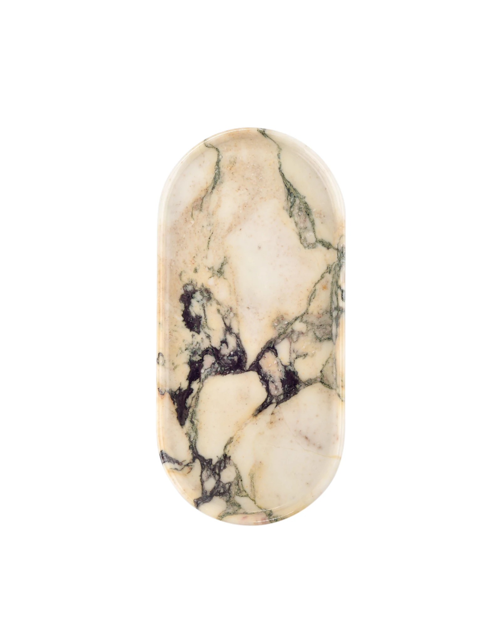 Oval Calacatta Viola Marble Tray with a glossy glaze finish, featuring natural deep brown, black, and green veining on a creamy white base