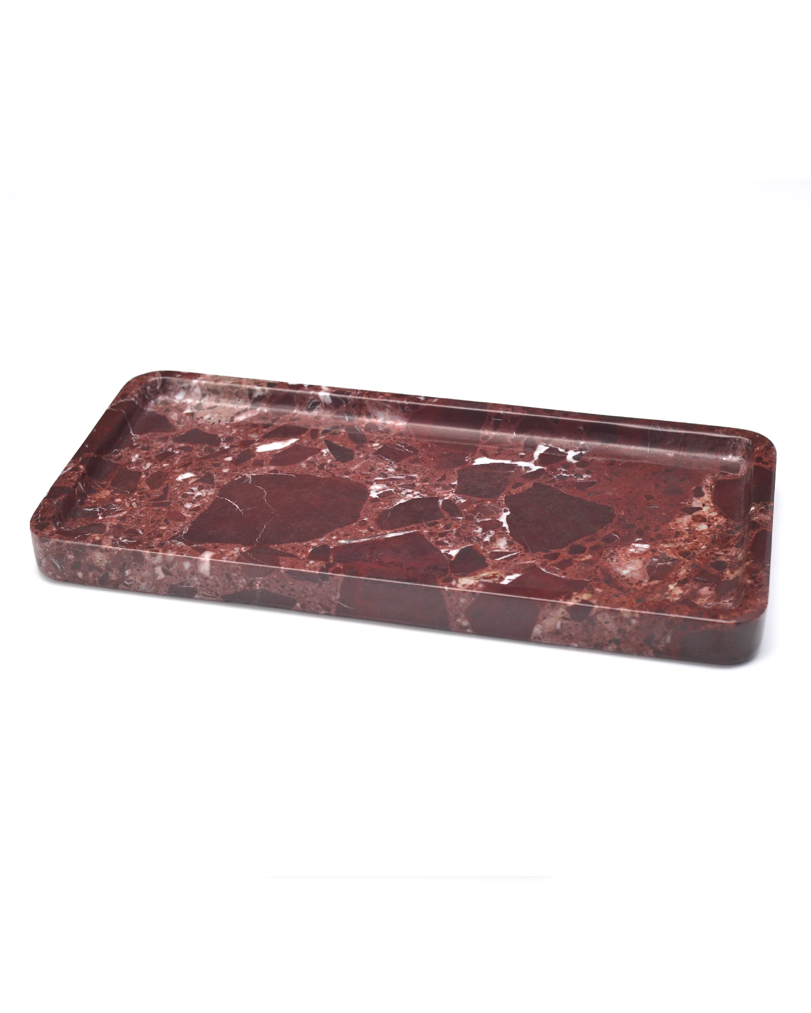 Handmade rectangular burgundy marble tray with elegant white veining on a white background.
