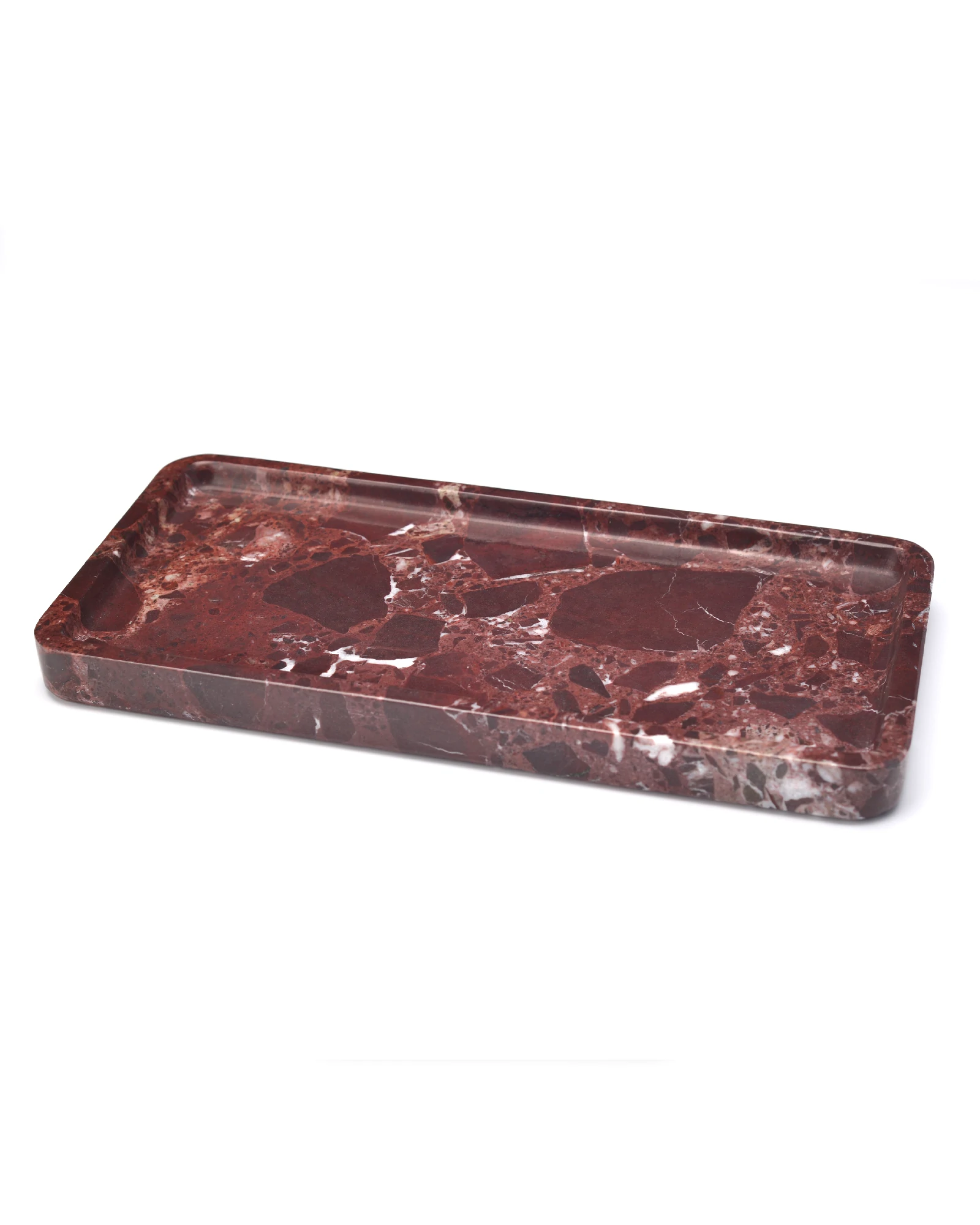 Rectangular burgundy marble tray with white veining, perfect for home decor