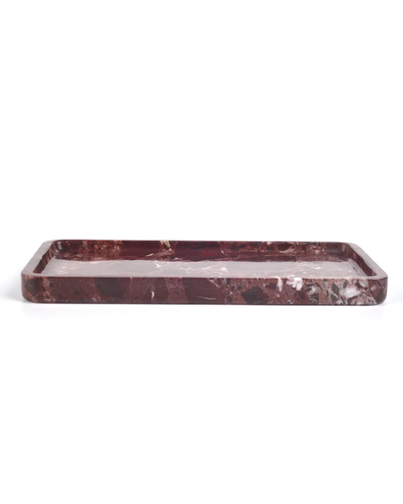 Stylish rectangular burgundy marble tray with natural white veins, displayed on a white background.