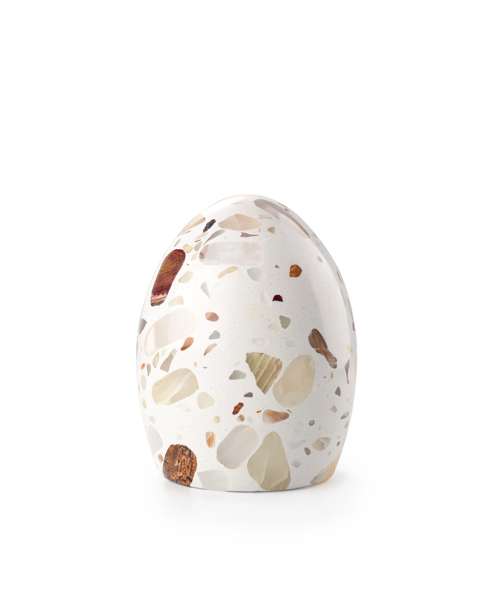 Egg-shaped onyx inlay lamp with multi-colored stone pieces on white background